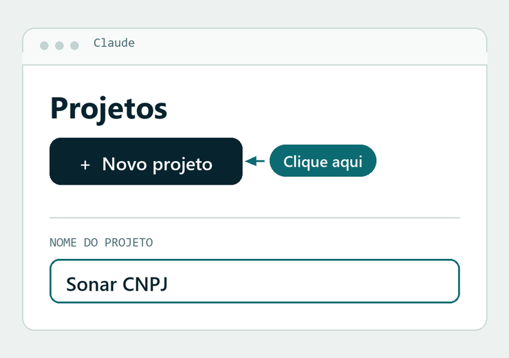 Tela do Claude com o botão Novo projeto marcado e o campo de nome preenchido com Sonar CNPJ.