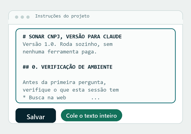 Tela das instruções do projeto com o texto do Sonar CNPJ colado e o botão Salvar.