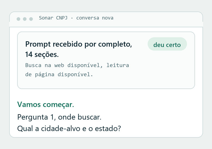 Primeira resposta correta do Sonar, confirmando as 14 seções recebidas e o ambiente da sessão.